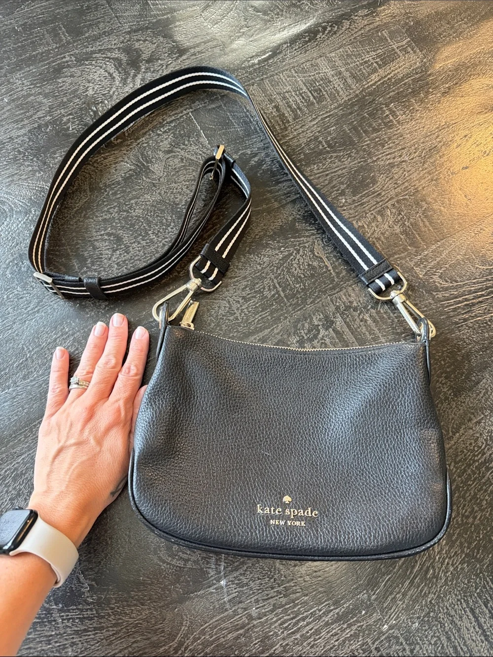 kate spade Black Pebbled Leather Crossbody with Striped Adjustable Strap